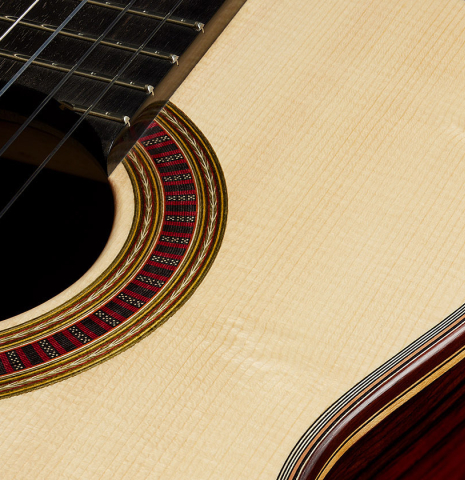 The soudboard of a 2025 Otto Vowinkel classical guitar made with spruce and cocobolo