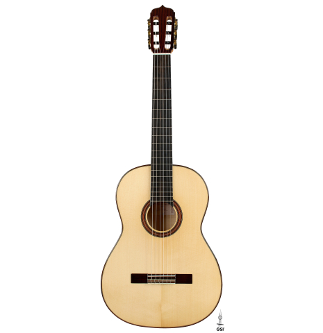 The front of an Otto Vowinkel "2a" classical guitar made with spruce top and maple back and sides.