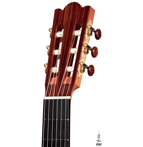 The headstock and machine heads of a 2022 Angela Waltner classical guitar on a white background.