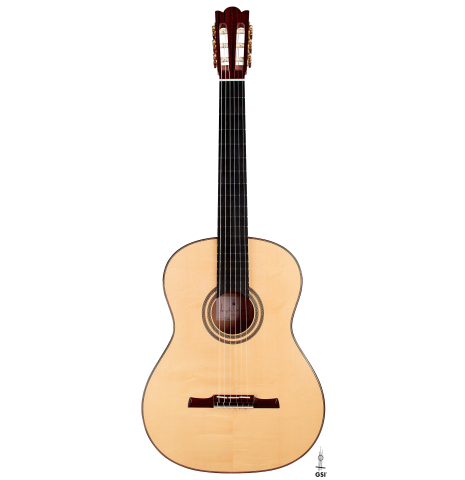 The front of a 2022 Angela Waltner classical guitar on a white background.