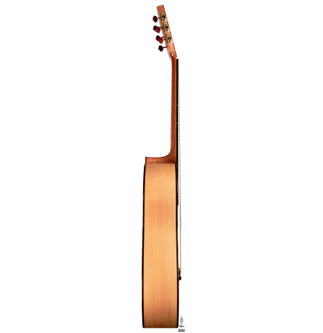 The side of a 2022 Angela Waltner classical guitar on a white background.