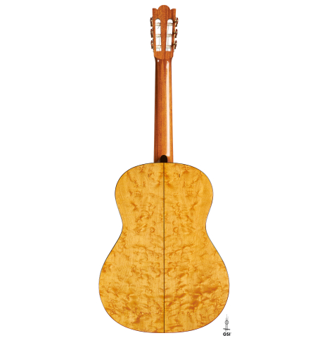 The back of a 2023 Angela Waltner "Anima" classical guitar made of spruce and maple