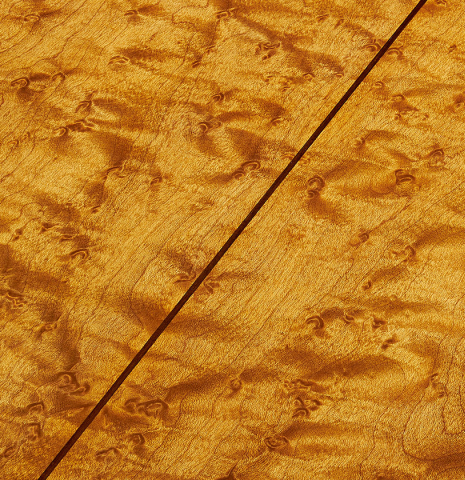 Detail of the back center seam of a 2023 Angela Waltner "Anima" classical guitar made of spruce and maple