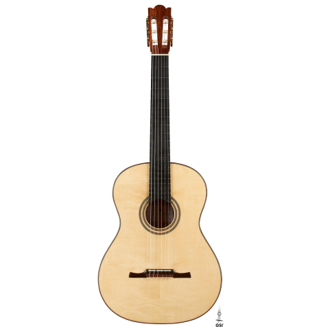 The front of a 2023 Angela Waltner "Anima" classical guitar made of spruce and maple