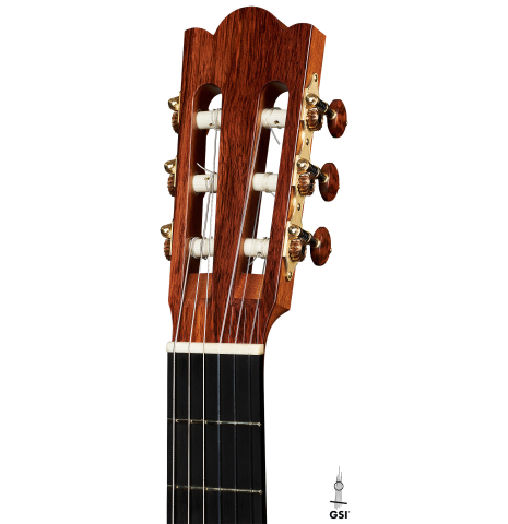 The headstock of a 2023 Angela Waltner "Anima" classical guitar made of spruce and maple