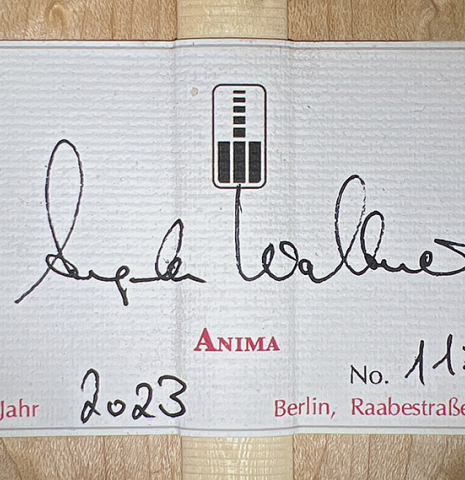 The label of a 2023 Angela Waltner "Anima" classical guitar made of spruce and maple