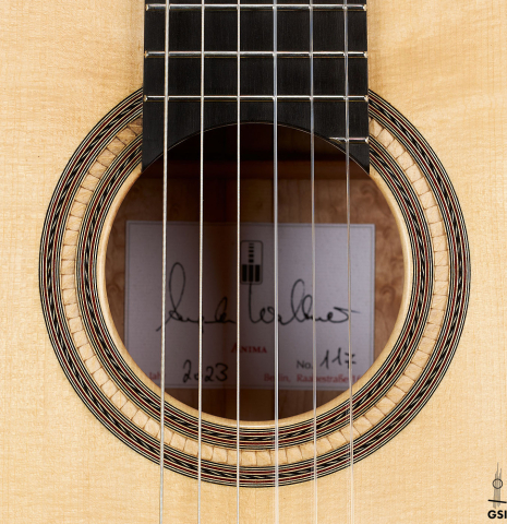 The rosette of a 2023 Angela Waltner "Anima" classical guitar made of spruce and maple