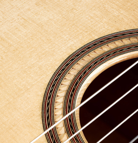 Detail of the rosette of a 2023 Angela Waltner "Anima" classical guitar made of spruce and maple