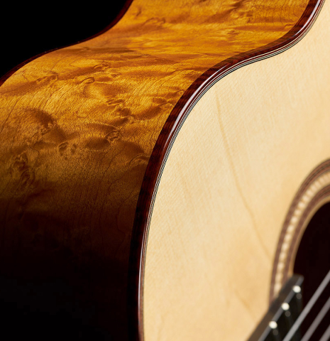 The soundboard and side of a 2023 Angela Waltner "Anima" classical guitar made of spruce and maple