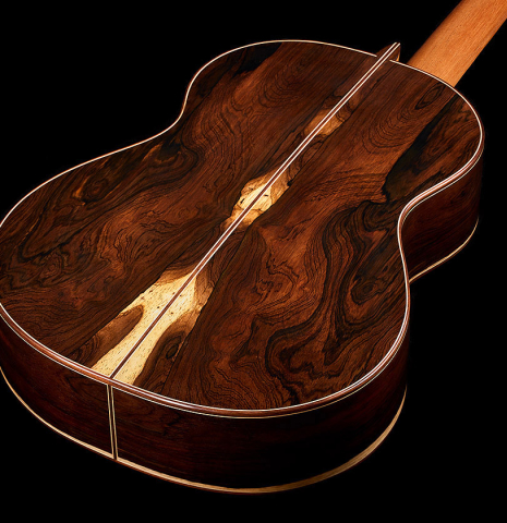 The back and sides of a 2025 Julia Wenzel classical guitar made of cedar and CSA rosewood