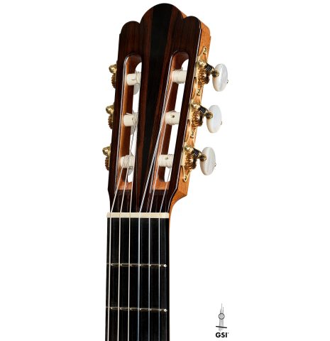 The headstock of a 2025 Julia Wenzel classical guitar made of cedar and CSA rosewood