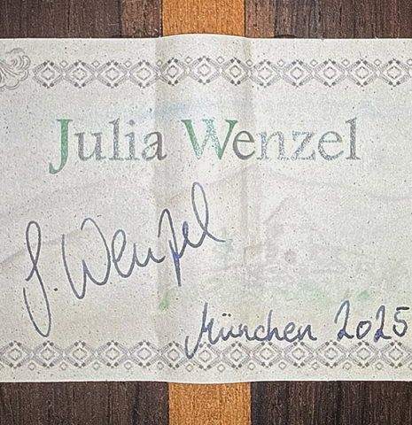 The label of a 2025 Julia Wenzel classical guitar made of cedar and CSA rosewood