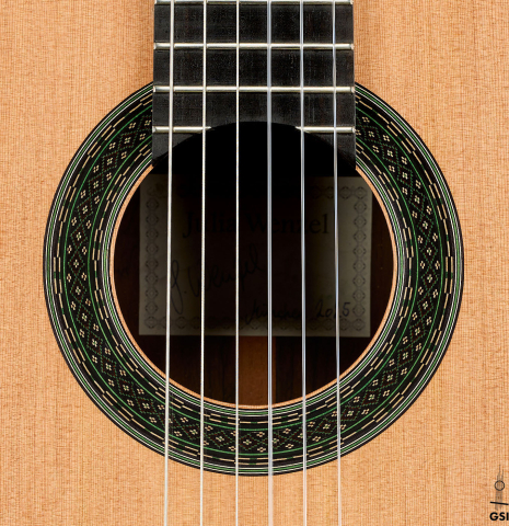 The rosette of a 2025 Julia Wenzel classical guitar made of cedar and CSA rosewood
