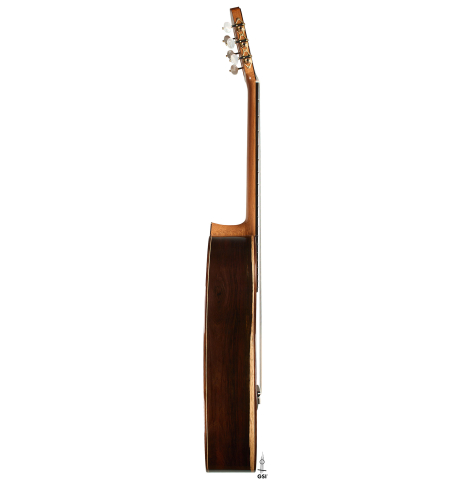 The side of a 2025 Julia Wenzel classical guitar made of cedar and CSA rosewood