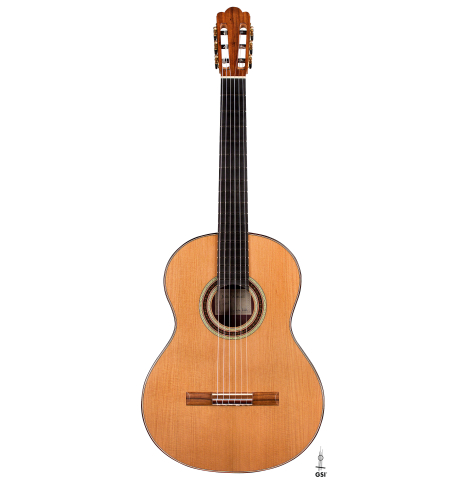 The front of a 2022 Julia Wenzel classical guitar made of cedar and purpleheart wood
