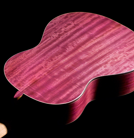 The back of a 2022 Julia Wenzel classical guitar made of cedar and purpleheart wood