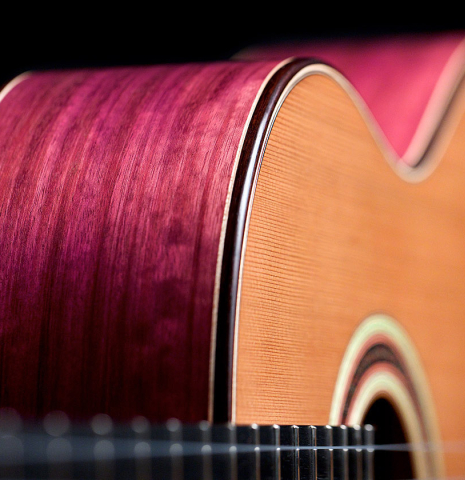 The side and binding of a 2022 Julia Wenzel classical guitar made of cedar and purpleheart wood