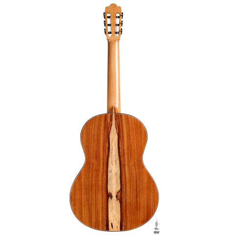 The back of a 2022 Julia Wenzel classical guitar made of spruce and granadillo