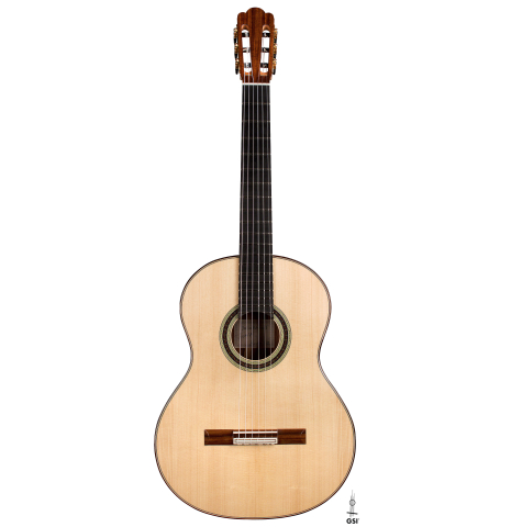 The front of a 2022 Julia Wenzel classical guitar made of spruce and granadillo