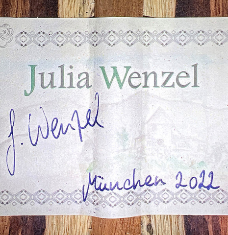 The label of a 2022 Julia Wenzel classical guitar made of spruce and granadillo