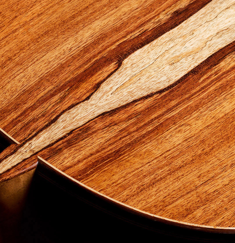 The heel and back of a 2022 Julia Wenzel classical guitar made of spruce and granadillo