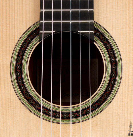The rosette of a 2022 Julia Wenzel classical guitar made of spruce and granadillo