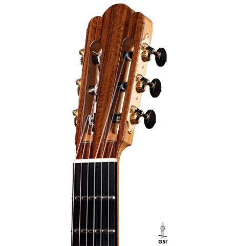 The headstock of a 2022 Julia Wenzel classical guitar made of spruce and granadillo