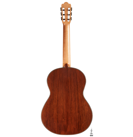 The back of a 2024 Julia Wenzel classical guitar made of cedar and African rosewood