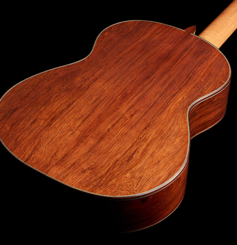The back and sides of a 2024 Julia Wenzel classical guitar made of cedar and African rosewood
