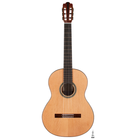 The front of a 2024 Julia Wenzel classical guitar made of cedar and African rosewood