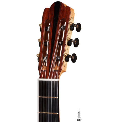 The headstock of a 2024 Julia Wenzel classical guitar made of cedar and African rosewood
