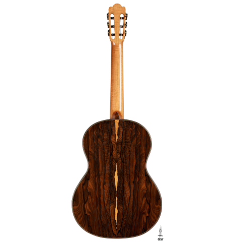 The back of a 2024 Julia Wenzel classical guitar made of spruce and ziricote
