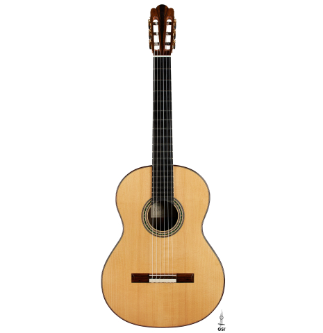 The front of a 2024 Julia Wenzel classical guitar made of spruce and ziricote