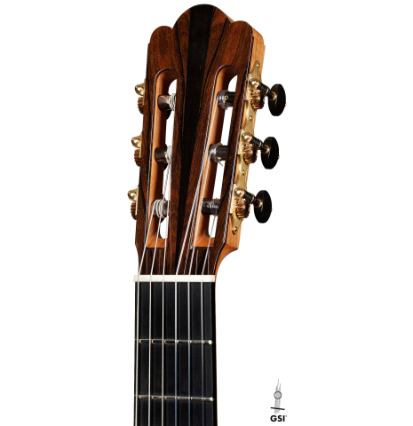 The headstock of a 2024 Julia Wenzel classical guitar made of spruce and ziricote