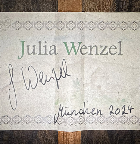 The label of a 2024 Julia Wenzel classical guitar made of spruce and ziricote