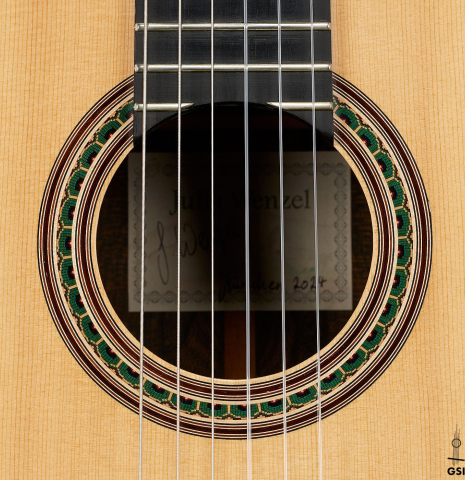 The rosette of a 2024 Julia Wenzel classical guitar made of spruce and ziricote
