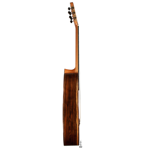 The side of a 2024 Julia Wenzel classical guitar made of spruce and ziricote