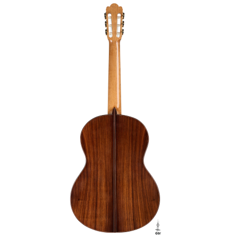 The back of a 2026 Julia Wenzel classical guitar made of cedar and Indian rosewood