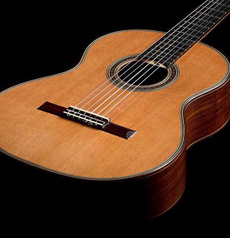 The soundboard and sides of a 2026 Julia Wenzel classical guitar made of cedar and Indian rosewood