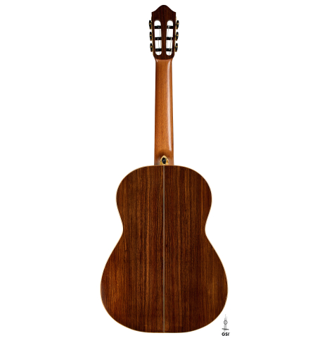 The back of a 2023 Ken Whisler classical guitar made of spruce and Indian rosewood