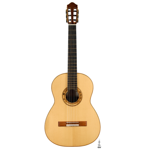 The front of a 2023 Ken Whisler classical guitar made of spruce and Indian rosewood