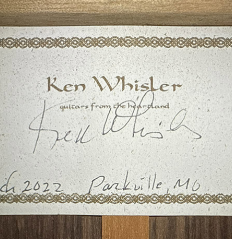 The label of a 2023 Ken Whisler classical guitar made of spruce and Indian rosewood