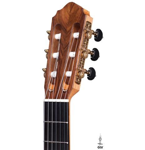 The headstock of a 2019 Dominik Wurth classical guitar made of cedar and Indian rosewood
