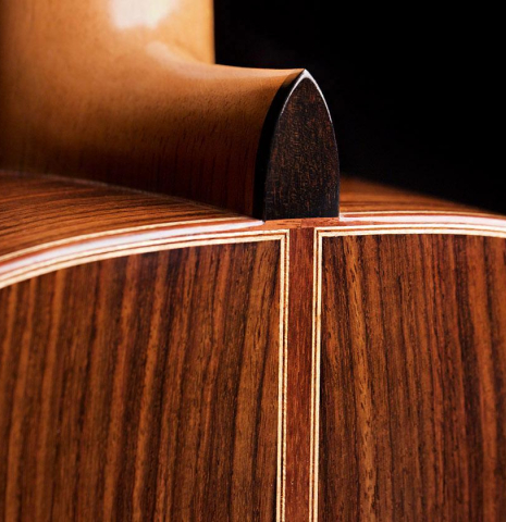 The back and heel of a 2019 Dominik Wurth classical guitar made of cedar and Indian rosewood