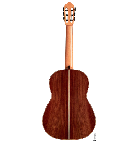 The back of a 2022 Dominik Wurth classical guitar made with cedar and Indian rosewood