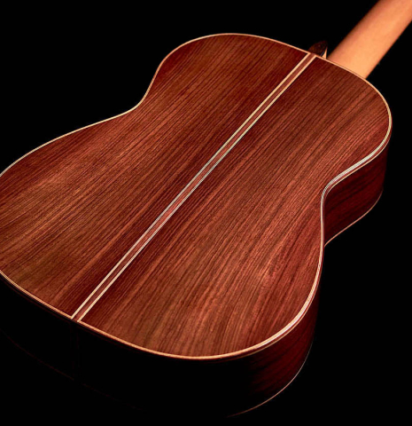 The back of a 2022 Dominik Wurth classical guitar made with cedar and Indian rosewood