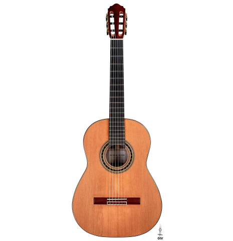 The front of a 2022 Dominik Wurth classical guitar made with cedar and Indian rosewood