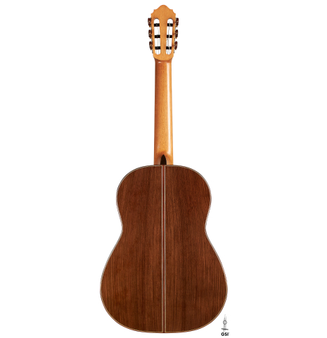 The back of a 2023 Dominik Wurth classical guitar made of spruce and Indian rosewood