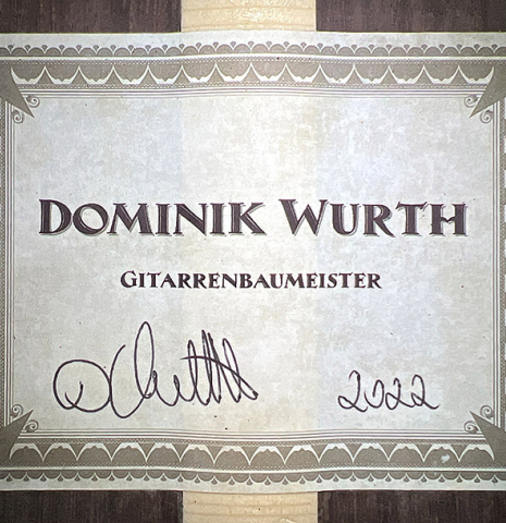 The label of a 2022 Dominik Wurth &quot;Torres&quot; classical guitar with Tornavoz SP/IN