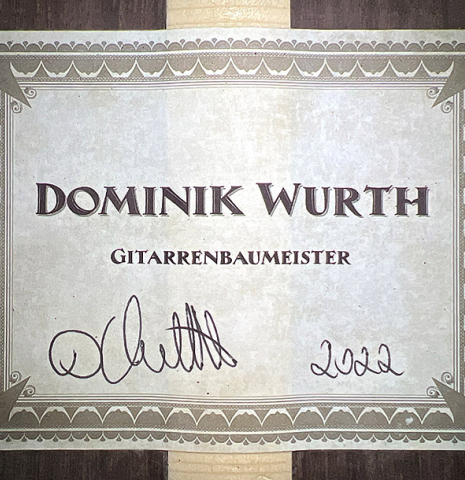 The label of a 2022 Dominik Wurth "Torres" classical guitar with Tornavoz SP/IN